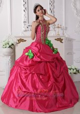 Modest Hot Pink Quinceanera Dress StraplessTaffeta Beading and Hand Made Flowers Ball Gown Fashion
