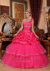 Discount Hot Pink Quinceanera Dress One Shoulder Organza Beading and Pick-ups Ball Gown Fashion