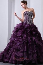 Dark Purple A-Line / Princess Sweetheart Beading and Ruffles Quinceanea Dress Brush Train Organza Fashion