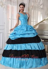 Pretty Light Blue and Black Quinceanera Dress V-neck Taffeta Beading Ball Gown Plus Size