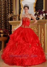 Pretty Red Sweet 16 Dress Strapless Appliques Organza Ball Gown Plus Size