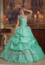 Brand New Apple Green Quinceanera Dress One Shoulder Hand Flowers Taffeta Ball Gown Plus Size
