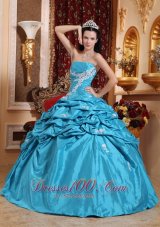 Low Price Aqua Blue Quinceanera Dress Strapless Taffeta Appliques Ball Gown Plus Size