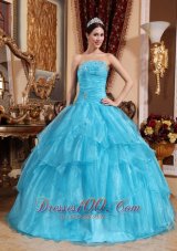 Impression Aqua Blue Quinceanera Dress Strapless Organza Beading Ball Gown Plus Size