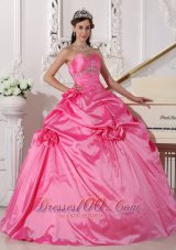 Modest Hot Pink Quinceanera Dress Sweetheart Taffeta Beading and Hand Made Flowers Ball Gown Plus Size