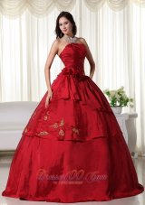 Wine Red Ball Gown Strapless Floor-length Taffeta Hand Flowers Quinceanera Dress Plus Size