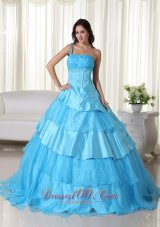 Aqua Ball Gown One Shoulder Floor-length Organza Beading Quinceanera Dress Plus Size
