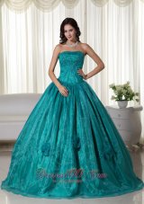 Turquoise Ball Gown Strapless Floor-length Organza Beading Quinceanera Dress Plus Size