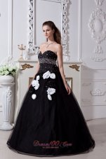 Black Sweet 16 Dress Beading and Hand Made Flowers A-line / Princess Sweetheart Floor-length Organza Plus Size