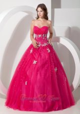 Coral Red Ball Gown Sweetheart Floor-length Tulle Appliques and Beading Quinceanera Dress Pretty