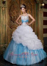 White and Blue A-line / Princess Halter Floor-length Beading Quinceanera Dress Pretty