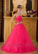 Low Price Hot Pink Sweet 16 Dress Strapless Tulle Appliques A-line / Princess Pretty