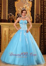Popular Aqua Blue Quinceanera Dress Sweetheart Tulle Appliques Ball Gown Pretty