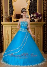 Blue Ball Gown Strapless Floor-length Tulle Lace Appliques Quinceanera Dress Pretty
