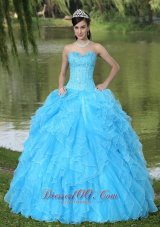 Beaded Ruffles Layered Decorate Famous Designer Quinceanera Dress With Sweetheart Aqua Skirt Pretty