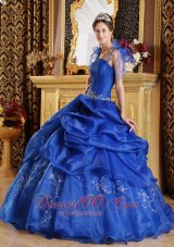 Cheap Blue Ball Gown Spaghetti Straps Floor-length Organza Appliques Quinceanera Dress