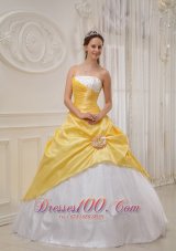 Cheap Discount Yellow and White Sweet 16 Dress Strapless Taffeta and Tulle Beading Ball Gown