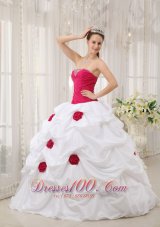 Cheap Sexy Hot Pink and White Quinceanera Dress Strapless Taffeta Hand Made Flower Ball Gown