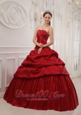 Cheap Luxurious Wine Red Quinceanera Dress Strapless Taffeta Ruffles Ball Gown