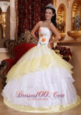 Cheap Romantic Light Yellow and White Quinceanera Dress Strapless Organza Embroidery Ball Gown