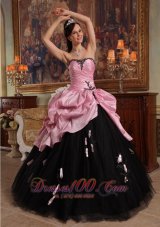 Cheap Rose Pink and Black Ball Gown Sweetheart Floor-length Hand Flowers Tulle and Taffeta Beaded Sweetheart Rose Pink and Black Quinceanera Dress