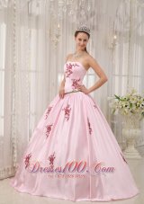 Cheap Lovely Pink Quinceanera Dress Strapless Taffeta Appliques Ball Gown