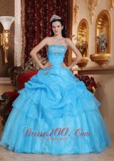 Cheap Chic Aqua Blue Quinceanera Dress Strapless Organza Beading Ball Gown