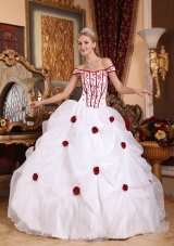 Cheap Low Price White Sweet 16 Dress Off The Shoulder Taffeta and Organza Embroidery Ball Gown