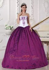 Cheap Affordable White and Dark Purple Quinceanera Dress Sweetheart Taffeta Embroidery Ball Gown
