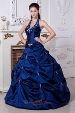 Cheap Royal Blue A-line / Princess Halter Sweet 16 Dress Taffeta Embriodery Floor-length