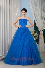 Cheap Beautiful Royal Blue 15 Quinceanera Dress A-line / Princess Strapless Tulle Beading Floor-length
