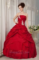 Cheap Custom Made Wine Red Ball Gown Quinceanera Dress Strapless Taffeta Appliques Floor-length