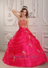 Hot Pink Ball Gown Strapless Floor-length Organza Appliques Quinceanera Dress  for Sweet 16