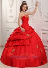Wonderful Ball Gown Sweetheart Floor-length Taffeta Appliques Red Quinceanera Dress  for Sweet 16