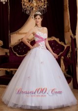 White A-line / Princess Sweetheart Floor-length Appliques Tulle Quinceanera Dress  for Sweet 16