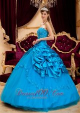 New Sky Blue Quinceanera Dress Strapless Taffeta and Tulle Lace Appliques Ball Gown  for Sweet 16