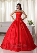Red Ball Gown Strapless Floor-length Taffeta Ruched Quinceanera Dress  for Sweet 16