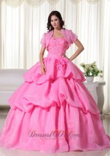 Rose Pink Ball Gown Strapless Floor-length Organza Hand Flowers Quinceanera Dress  for Sweet 16
