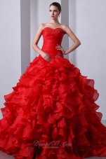 Red A-Line / Princess Sweetheart Beading and Ruffles Quinceanea Dress Brush Train Organza  for Sweet 16