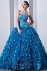 Sky Blue A-Line / Princess Brush Train Beading and Ruffles Quinceanea Dress Sweetheart Organza  for Sweet 16