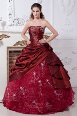 Wine Red Sweet 16 Dress Embroidery A-line Strapless Taffeta and Organza Floor-length  for Sweet 16