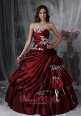 Custom Made Wine Red Ball Gown Strapless Quinceanera Dress Taffeta Appliques Floor-length