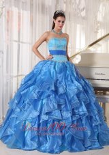 Romantic Blue Quinceanera Dress Strapless Organza Appliques Ball Gown
