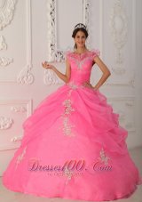 Latest Rose Pink Quinceanera Dress V-neck Taffeta and Organza Appliques With Beading Ball Gown
