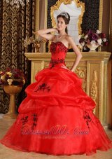 Fashionable Red Sweet 16 Dress Sweetheart Satin and Organza Embroidery Ball Gown