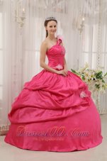 Modern Coral Red Quinceanera Dress One Shoulder Taffeta Beading Pick-ups Ball Gown