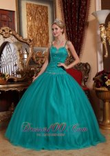 Puffy Brand New Teal Quinceanera Dress Spaghetti Straps Tulle Beading Ball Gown