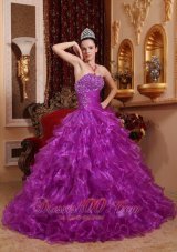 Puffy Pretty Purple Quinceanera Dress Strapless Organza Beading Ball Gown