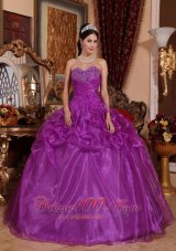 Puffy Affordable Eggplant Purple Quinceanera Dress Sweetheart Floor-length Organza Beading Ball Gown