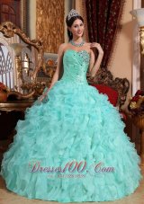 Puffy Modest Apple Green Quinceanera Dress Sweetheart Organza Beading and Ruffles Ball Gown